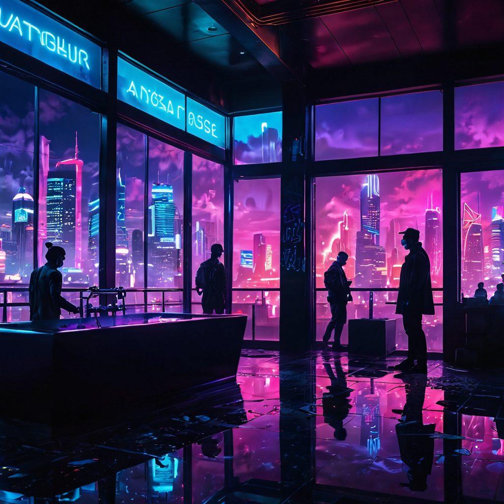 A vibrant, surreal scene depicting a neon-lit cityscape that blends elements of a bathhouse and abstract representations of anonymous encounters. Include mysterious silhouettes interacting in a playful manner, with reflections in steamy glass and colorful glows. The environment should have whimsical motifs and flowing forms to enhance the sense of secrecy and allure. super-realistic. vibrant colors. cyberpunk.