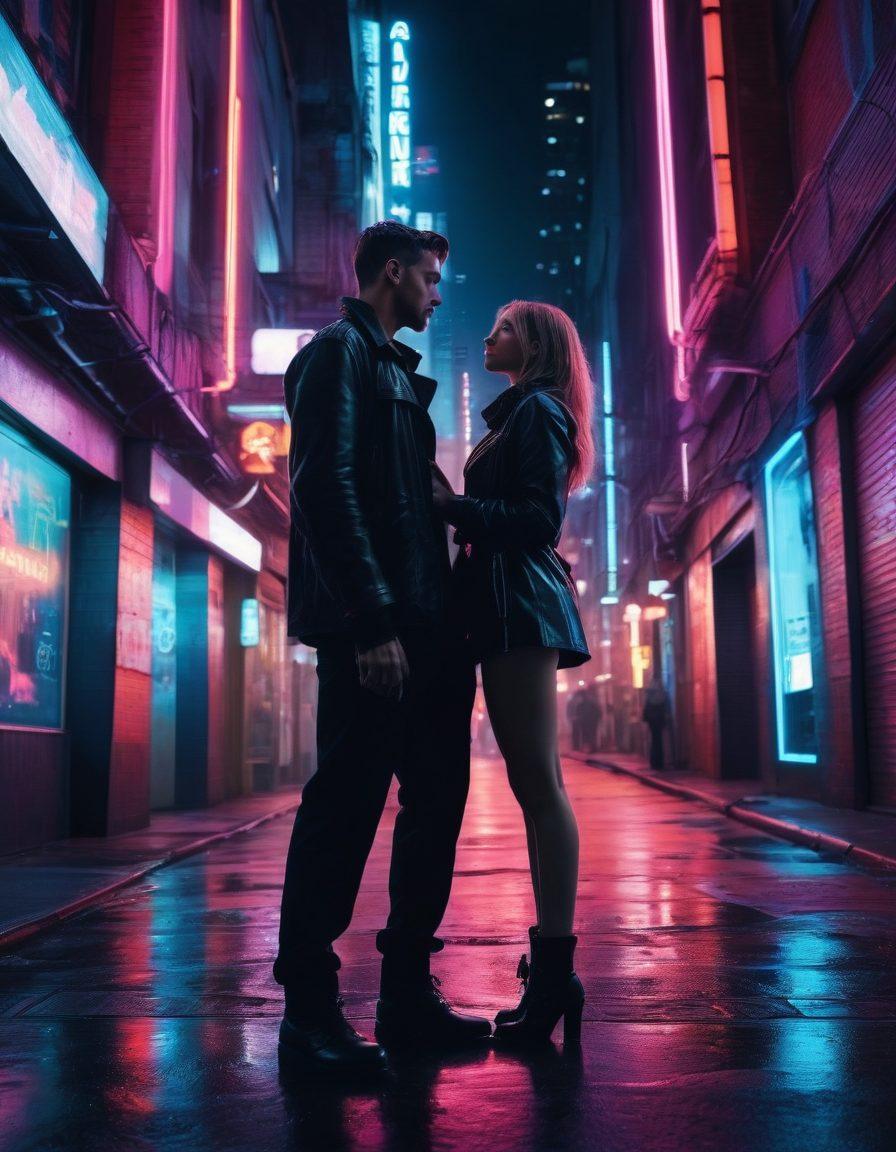 A captivating scene in an urban setting, where a couple subtly explores their kinks, with flickering neon lights illuminating their discreet but suggestive body language. Elements of excitement like a hidden camera, playful whispers exchanged, and an air of playful secrecy blend into the environment, hinting at voyeurism. The overall vibe should be tantalizing and adventurous, capturing the thrill of public exploration. vibrant colors. cyberpunk aesthetic. urban background.