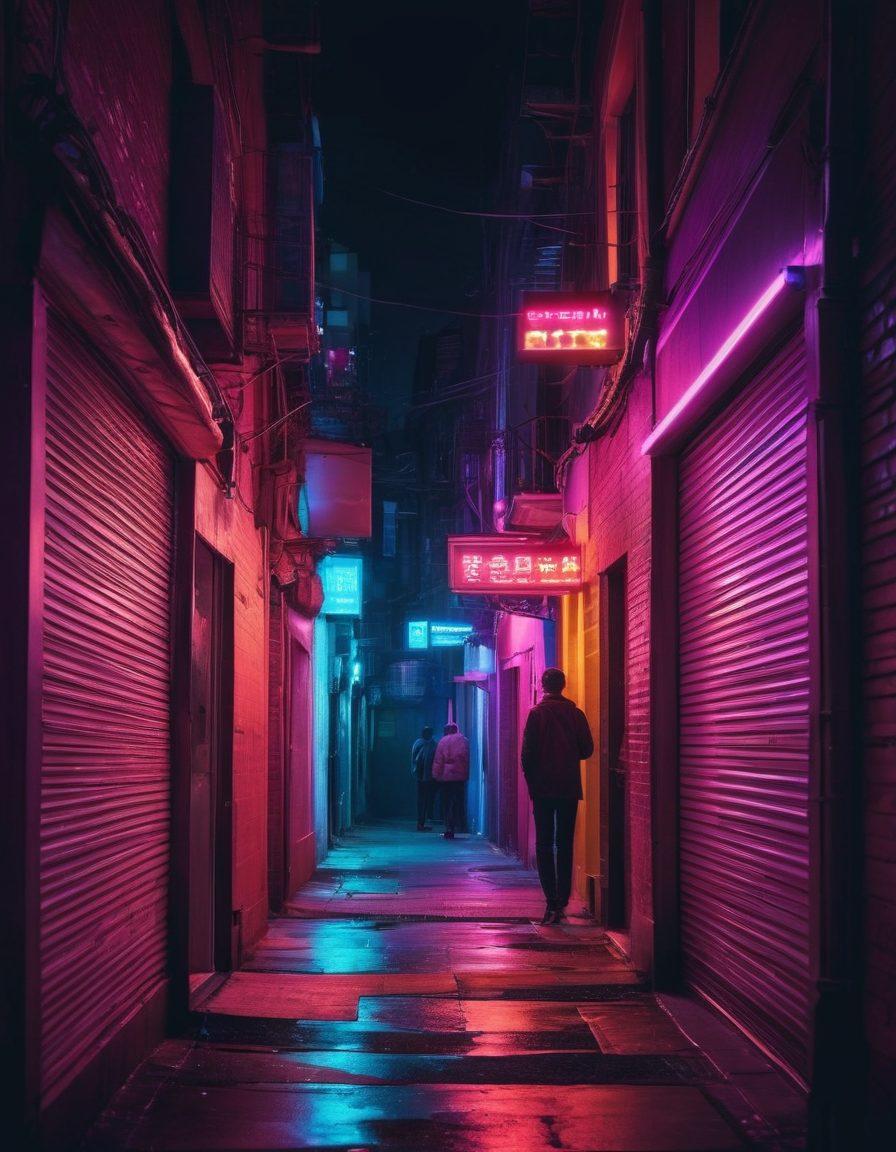 A vibrant and alluring cityscape at night, featuring neon-lit alleyways that hint at hidden romantic encounters, with silhouettes of diverse couples in various intimate poses. A subtle glow emanates from discreet doors, suggesting secret spaces and adventures. The atmosphere should feel both mysterious and inviting, with soft focus and rich colors to enhance the dreamy vibe. digital art. neon colors. urban aesthetic.